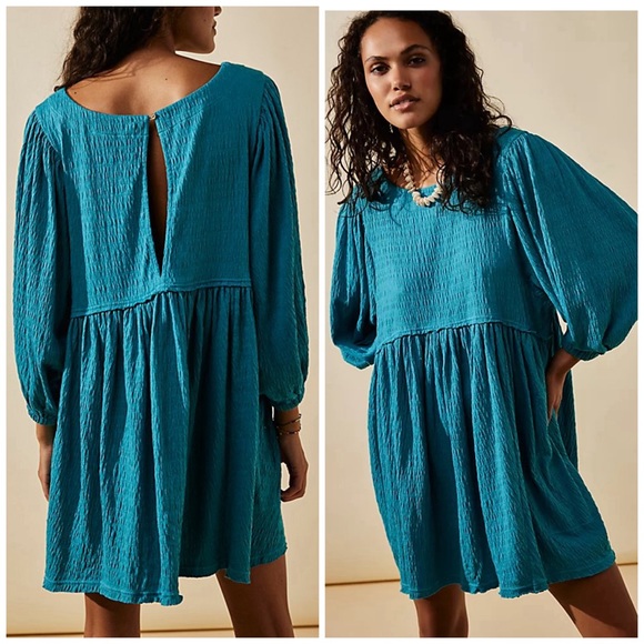 Free People Dresses & Skirts - FREE PEOPLE blue get obsessed babydoll mini dress with bubble sleeves
